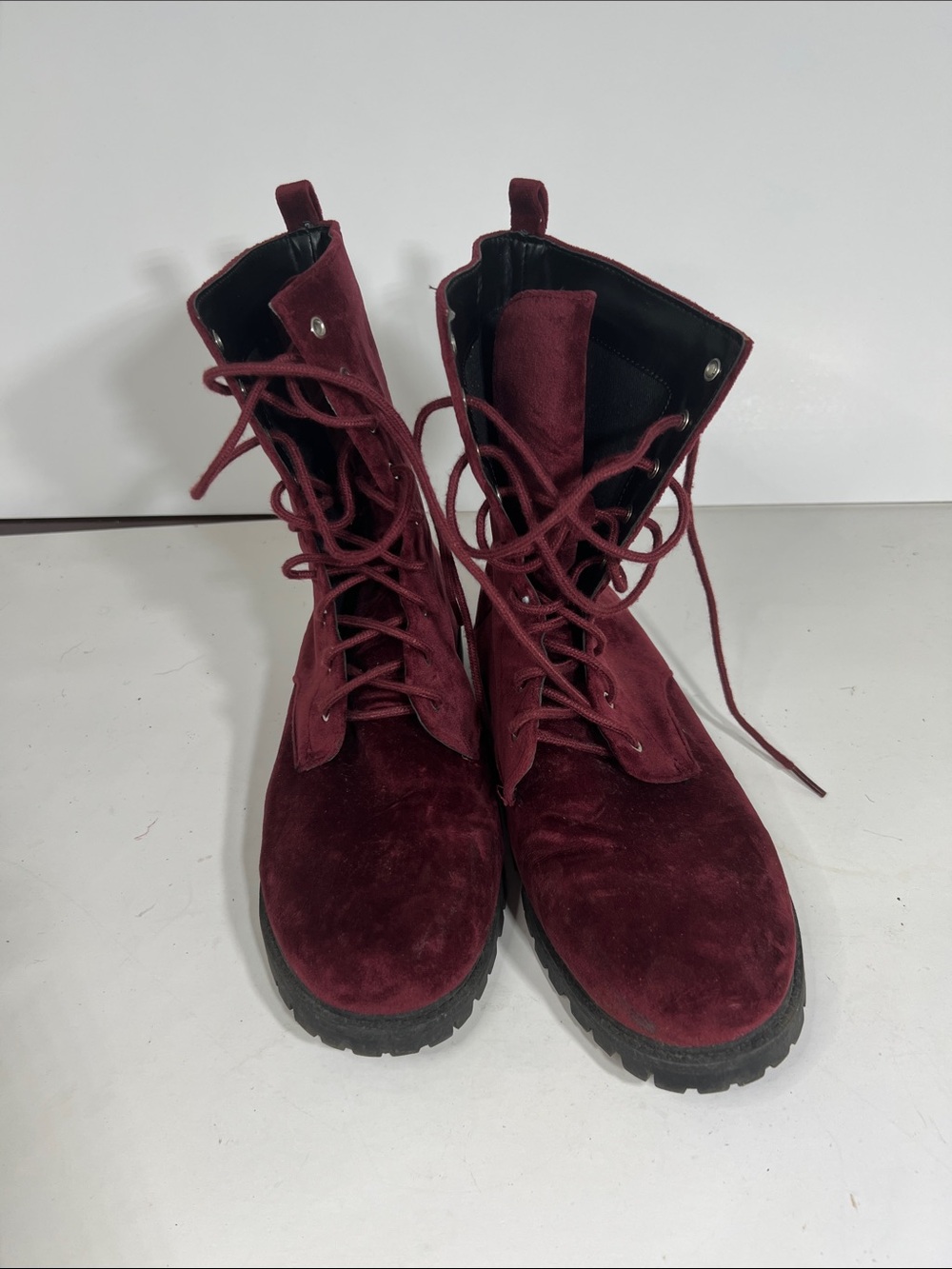 Women's Burgundy Suede Lace-Up Combat Boots — Stylish Everyday Wea